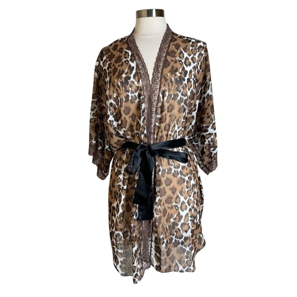 Natori Saks Fifth Avenue Vintage Leopard Print Sheer Kimono Robe Womens Small